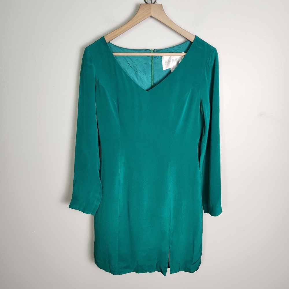 EUC Hugo Buscati Collection Green 100% Silk V-Neck Mini Dress Size 8‎ #681